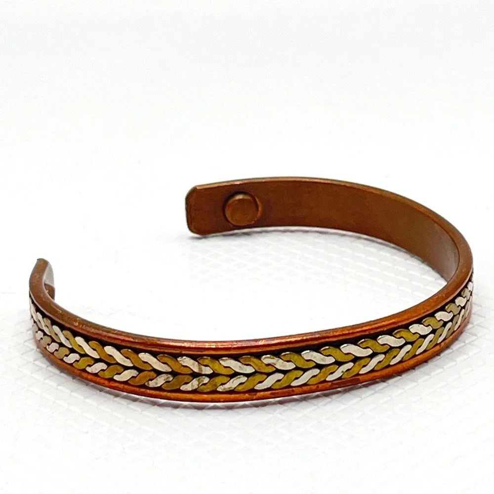 Vintage Copper Tri-Tone Braided Rope Cuff Bracelet w/ Gold and Silver Tone